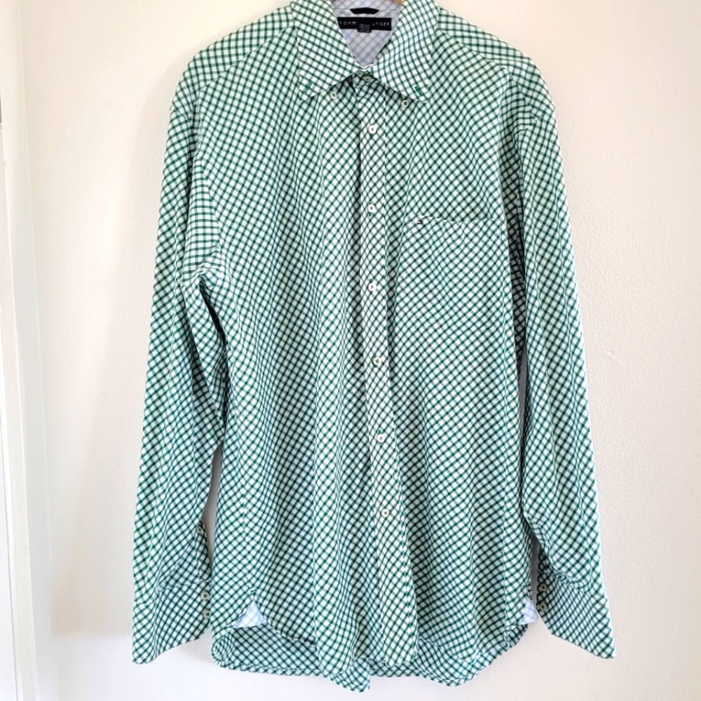 Tommy Hilfiger Mens Button Down Dress Shirt Green Plaid sz Lg Cotton 17